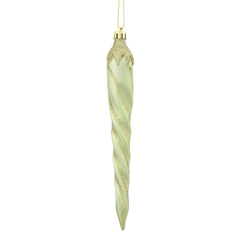 8ct Celadon Green Glitter Spiral Icicle Shatterproof Christmas Ornaments 7.5"