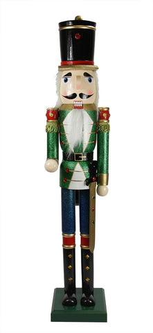 36" Decorative Green and Blue Glittered Wooden Christmas Nutcracker Soldier with Sword