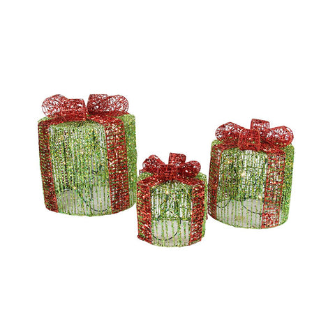 Set of 3 Lighted Green Round Glittered Present Christmas Yard Art Decorations