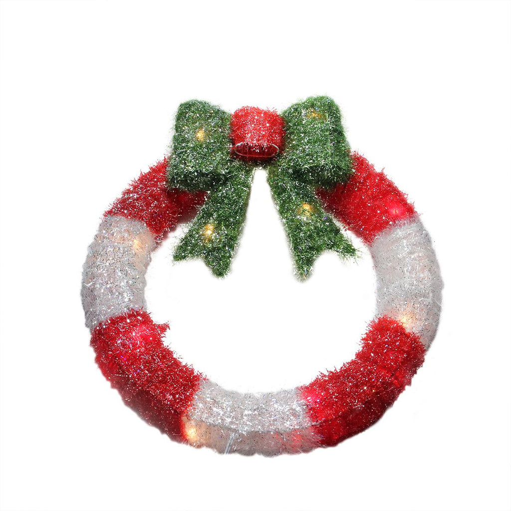 16" Lighted Tinsel Red and White Wreath with Bow Christmas Window Decoration