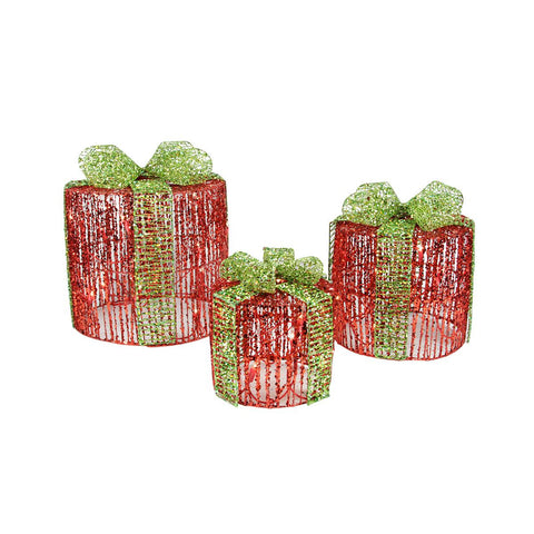 Set of 3 Lighted Red Round Glittered Present Christmas Yard Art Decorations