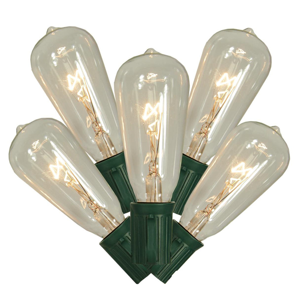 Set of 10 Transparent Clear ST40 Edison Style Christmas Lights - Green Wire