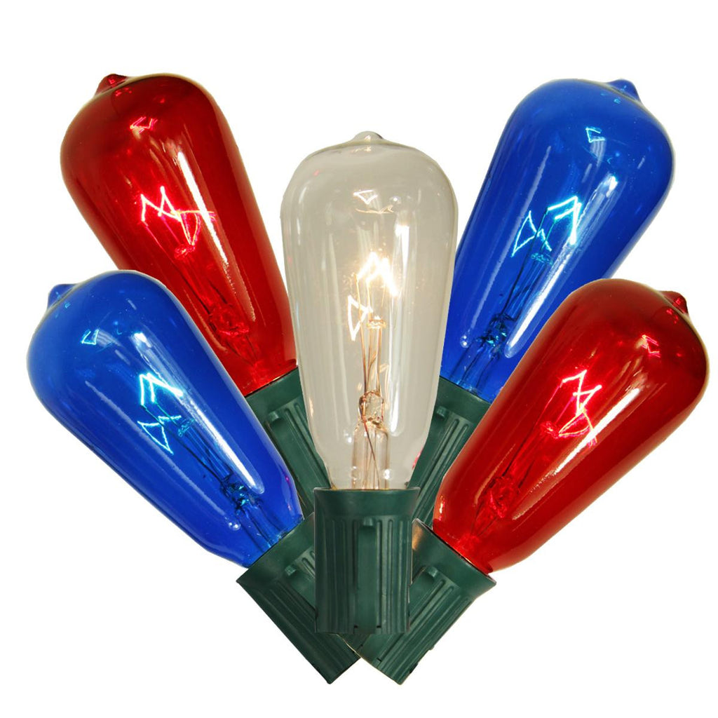 Set of 10 Transparent Red, Clear & Blue 4th of July ST40 Edison Style Christmas Lights - Green Wire