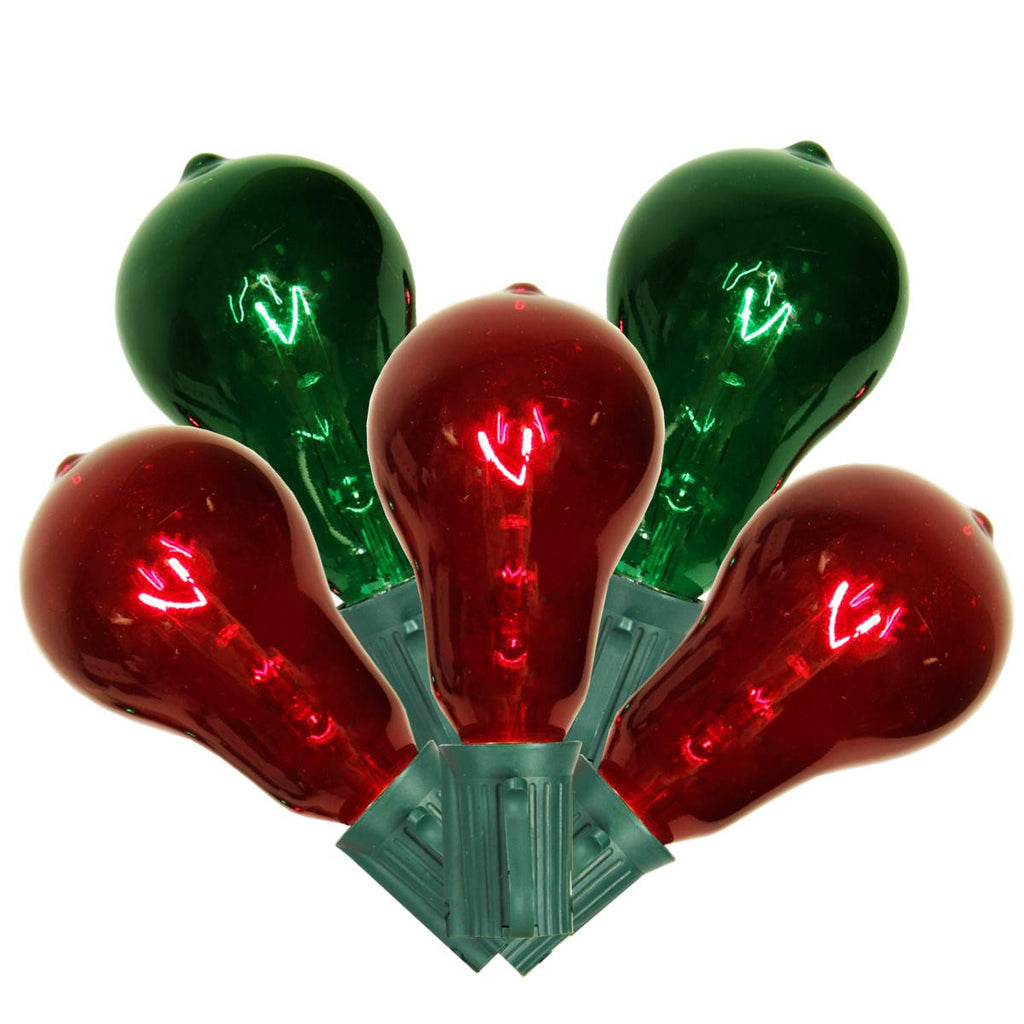 Set of 10 Transparent Red and Green PS50 Edison Style Christmas Lights - Green Wire