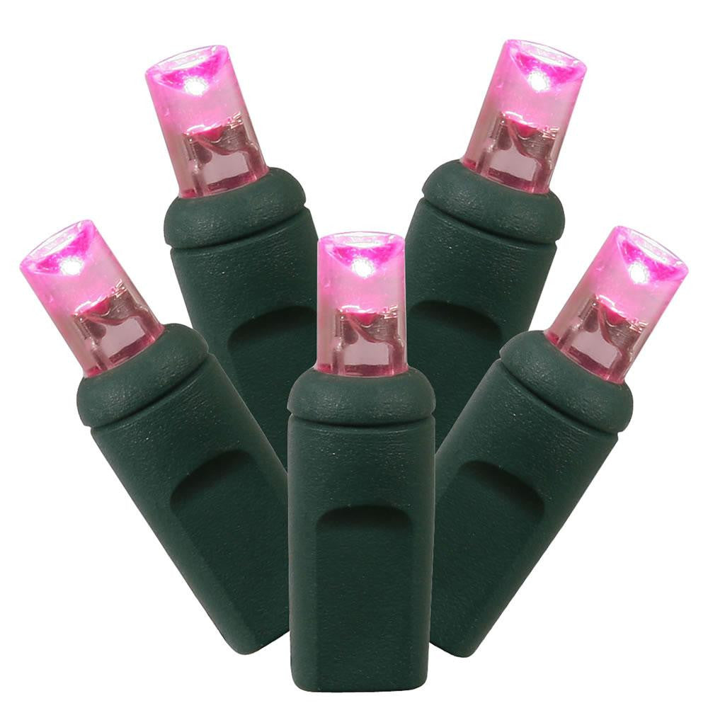 Set of 100 Pink Commercial Grade LED Wide Angle Christmas Lights - Green Wire