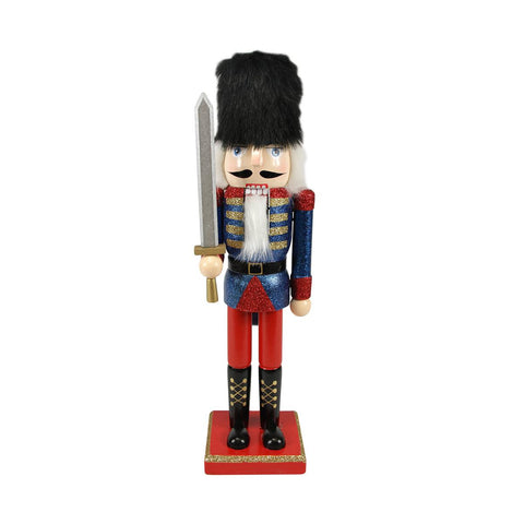 14.25" Decorative Wooden Blue, Red and Gold Glittered Christmas Nutcracker Soldier with Sword