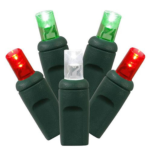 Set of 50 Red, Pure White & Green Commercial Grade LED Wide Angle Christmas Lights - Green Wire