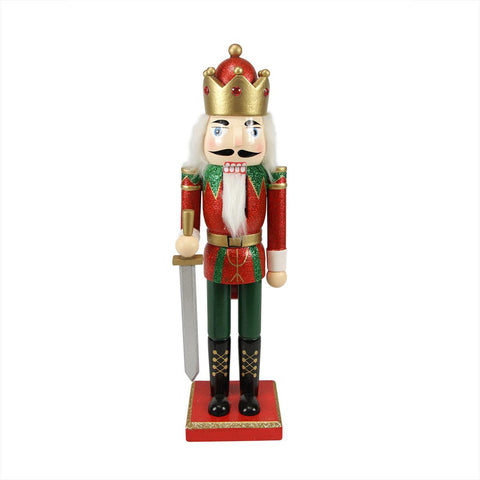 14" Decorative Wooden Red, Green and Gold Glittered Christmas Nutcracker King with Sword