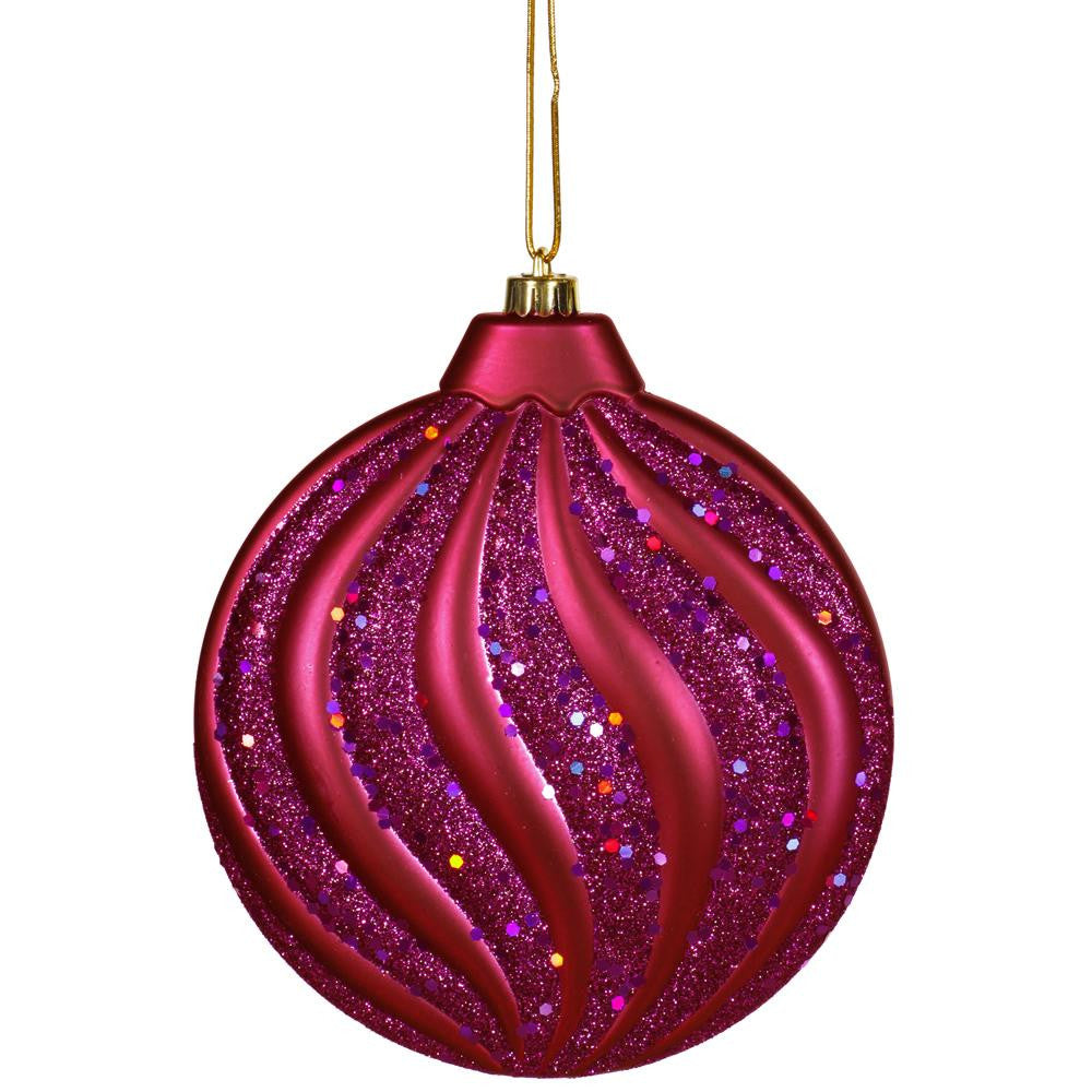 Red Plum Glitter Swirl Shatterproof Christmas Disc Ornament 6" (150mm)