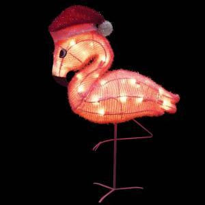 24" Pre-Lit Soft Tinsel Pink Flamingo in Santa Hat Christmas Yard Art Decoration - Clear Lights