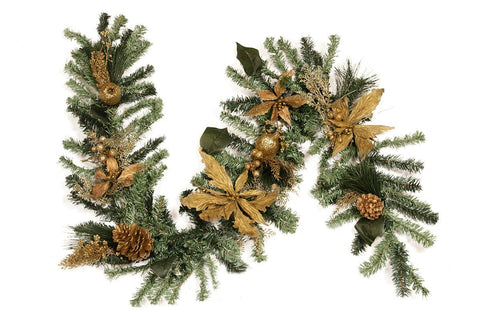 6' x 12" Pre-Decorated Pine, Gold Poinsettia, Berry and Pine Cone Artificial Christmas Garland - Unlit