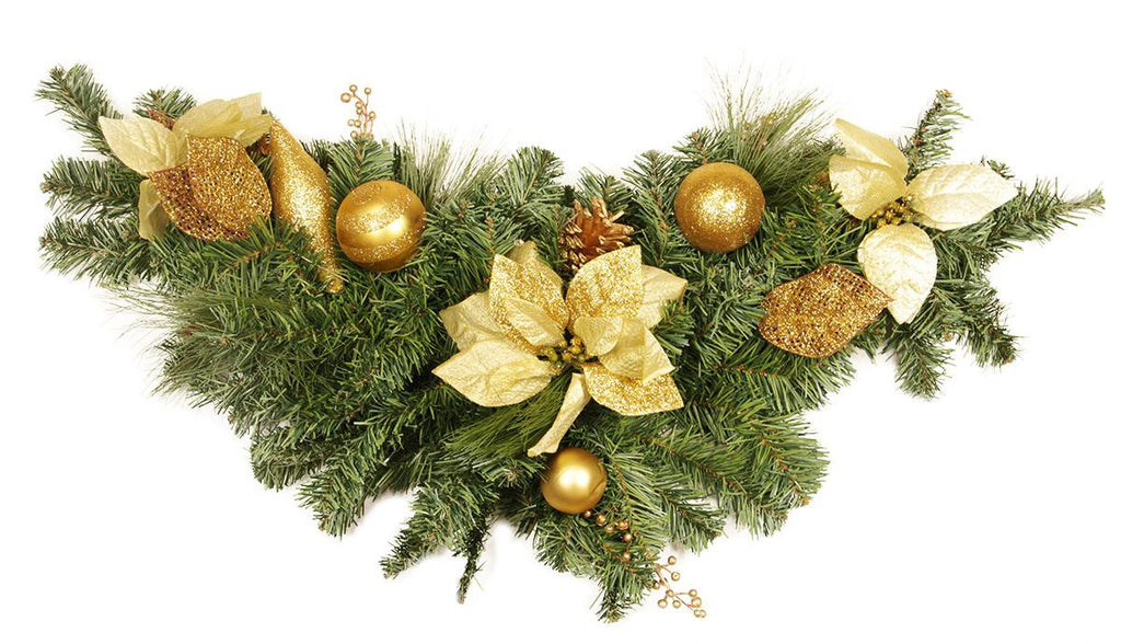 36" Pre-Decorated Pine, Gold Poinsettia and Ornament Adorned Artificial Christmas Swag - Unlit