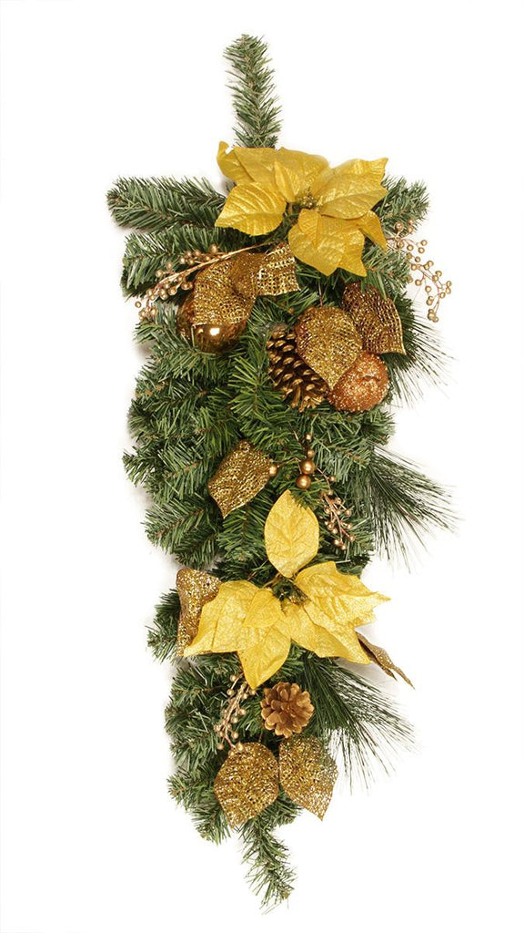 30" Pre-Decorated Gold Poinsettia, Apple and Berry Artificial Christmas Teardrop Swag - Unlit