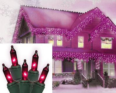 Set of 100 Pink Purple Mini Icicle Christmas Lights - Green Wire