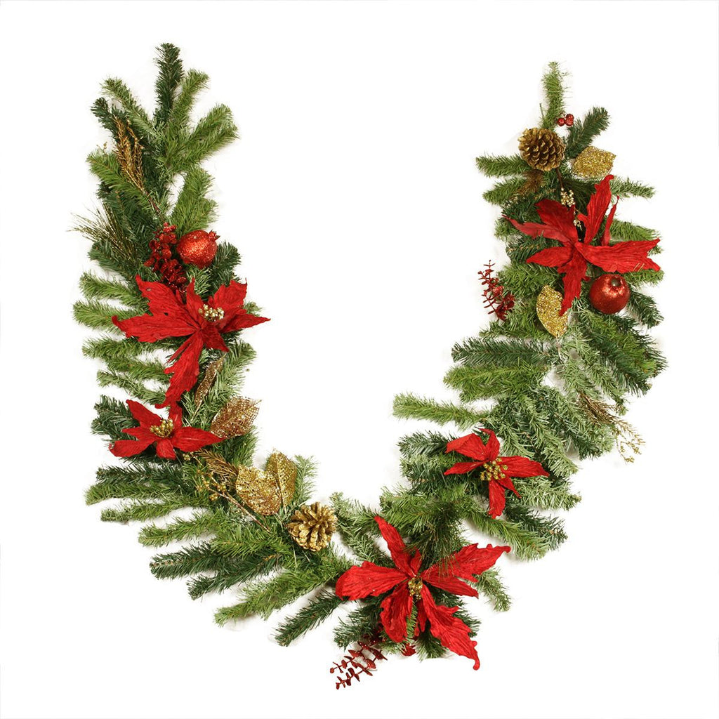 6' x 12" Pre-Decorated Red Poinsettia, Eucalyptus and Gold Pine Cone Artificial Christmas Garland - Unlit