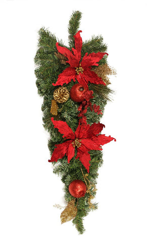 30" Pre-Decorated Red Poinsettia, Eucalyptus and Gold Pine Cone Artificial Christmas Teardrop Swag - Unlit