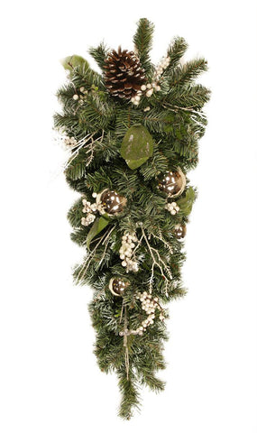 30" Pre-Decorated and Frosted Silver Berry, Ball and Pine Cone Artificial Christmas Teardrop Swag - Unlit