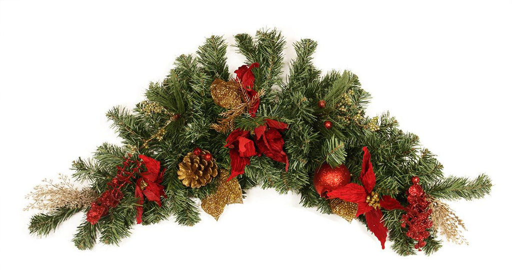 36" Pre-Decorated Pine, Red Poinsettia, Eucalyptus and Gold Pine Cone Artificial Christmas Swag - Unlit