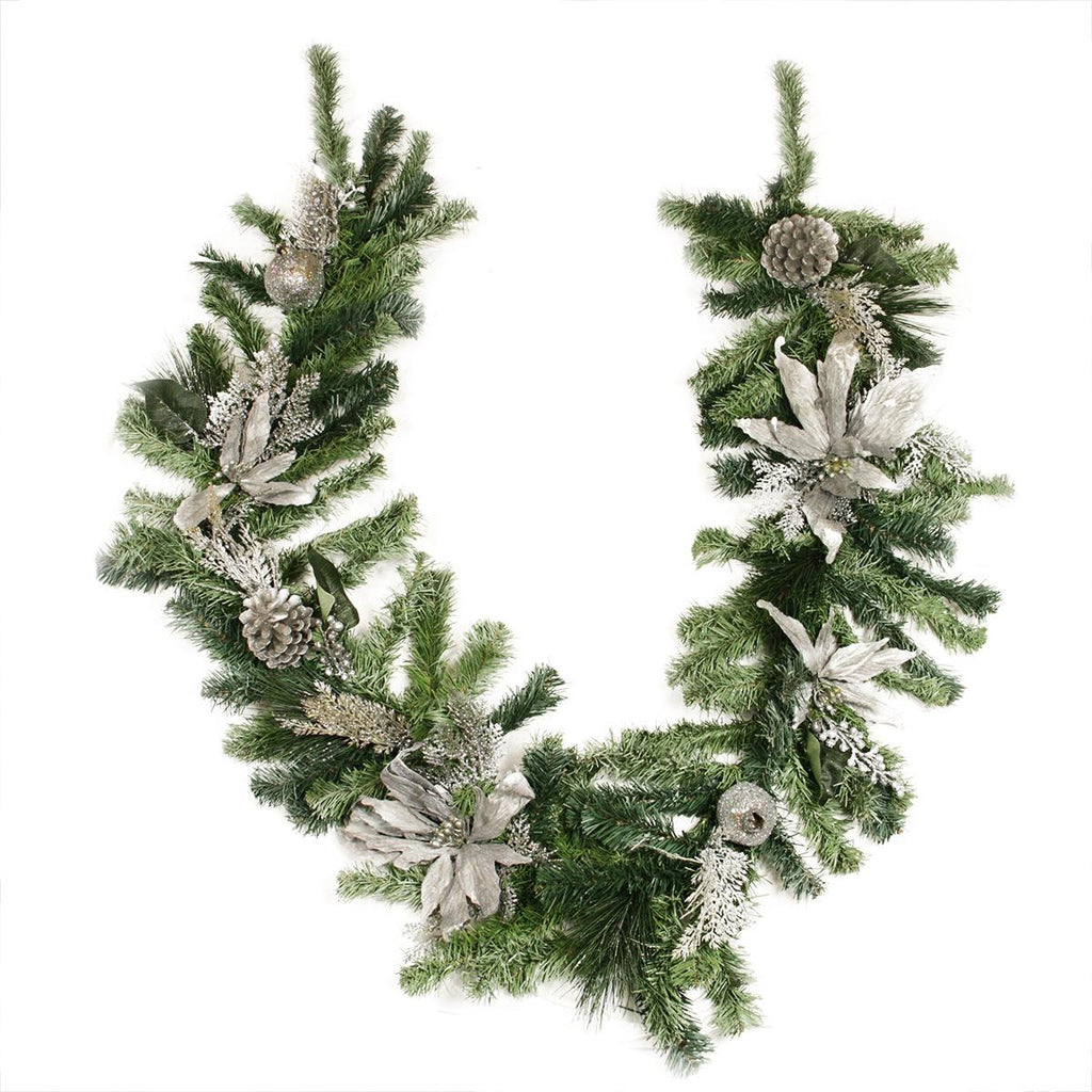 6' x 12" Pre-Decorated Silver Poinsettia, Pomegranate and Pine Cone Artificial Christmas Garland - Unlit