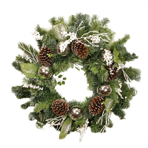 24" Pre-Decorated and Lightly Frosted Silver Ball, Berry and Pine Cone Artificial Christmas Wreath - Unlit