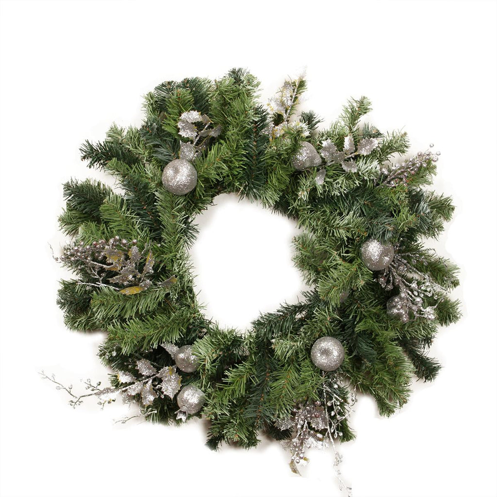 24" Pre-Decorated Silver Fruit, Holly Berry and Leaf Artificial Christmas Wreath - Unlit