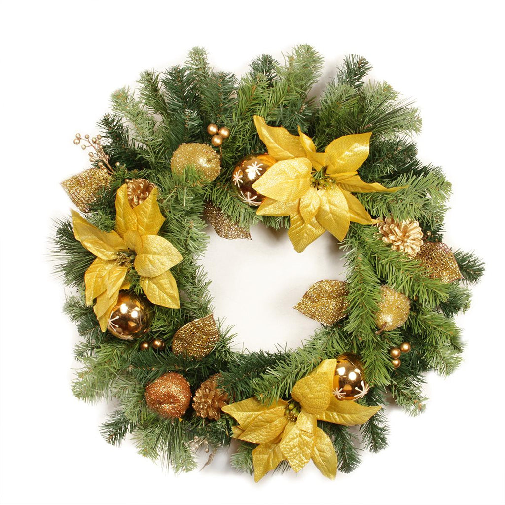 24" Pre-Decorated Gold Poinsettia, Apple and Berry Artificial Christmas Wreath - Unlit