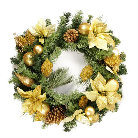 24" Pre-Decorated Pine, Gold Poinsettia and Ornament Adorned Artificial Christmas Wreath - Unlit