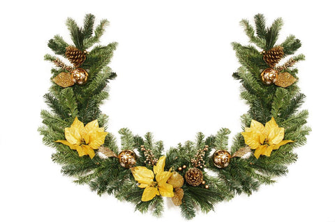 6" x 12" Pre-Decorated Gold Poinsettia, Ornament and Pine Cone Artificial Christmas Garland - Unlit