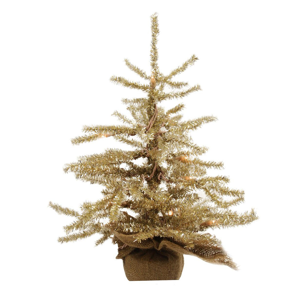 18" Pre-Lit Champagne Artificial Christmas Tinsel Twig Tree in Burlap Base - Clear Lights