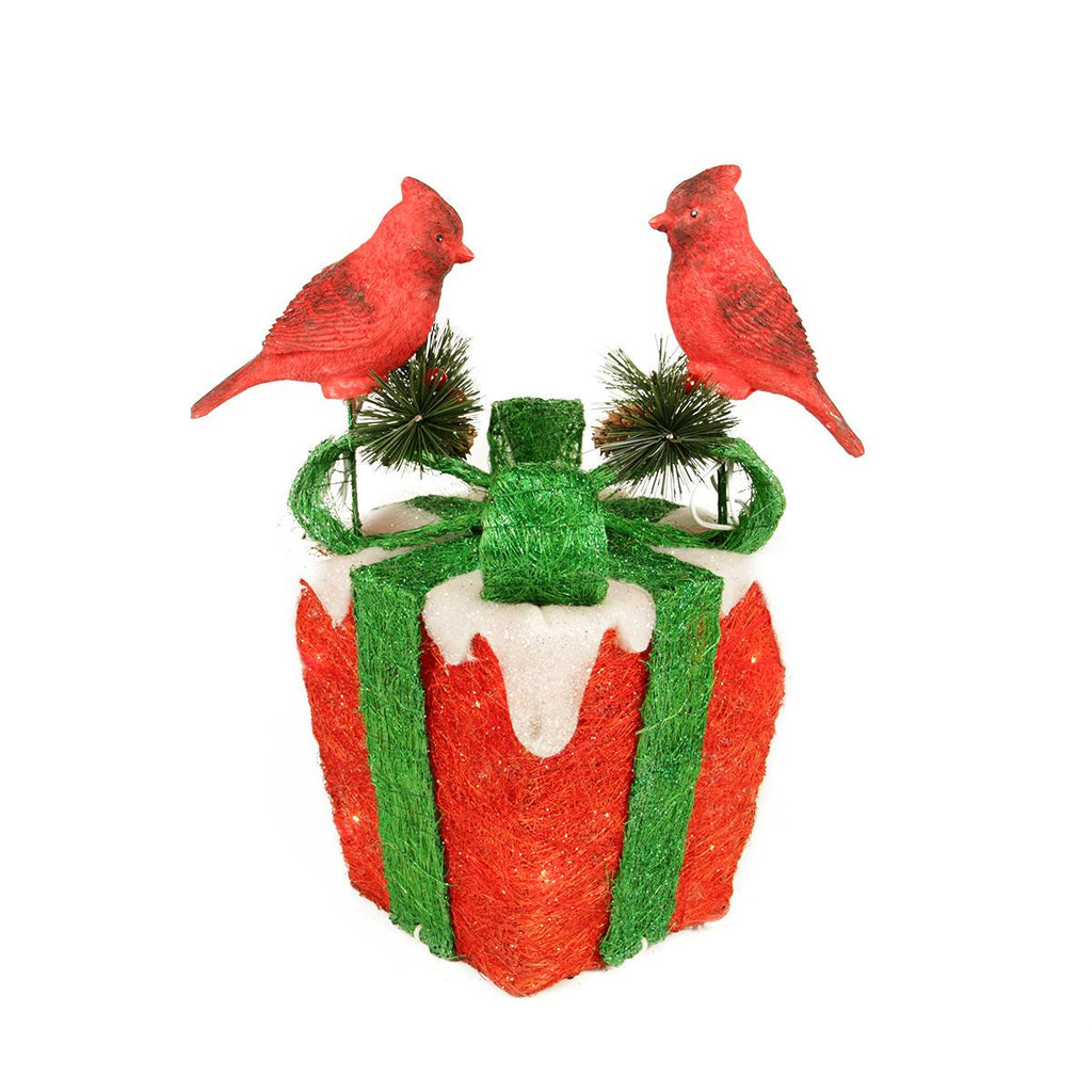 13" Red Sisal Gift Box with Green Bow and Cardinal Birds Lighted Christmas Yard Art Decoration