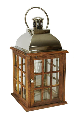 30" Oversized Modern Sheesham Wood Candle Lantern with Silver Metal Handle