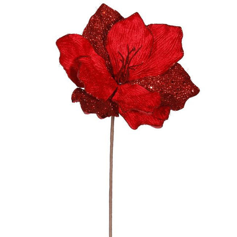 17" Elegant Red Beaded Sparkle Amaryllis Flower Christmas Pick