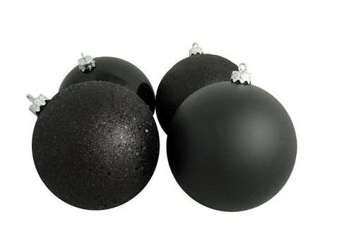 4ct Jet Black Shatterproof 4-Finish Christmas Ball Ornaments 6" (150mm)