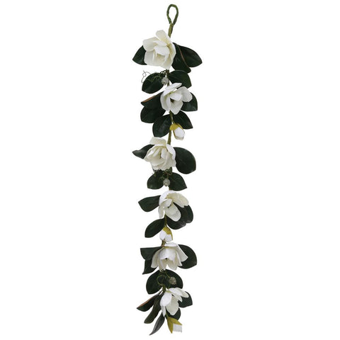 5' White Magnolia Flower and Leaves Artificial Silk Floral Garland - Unlit