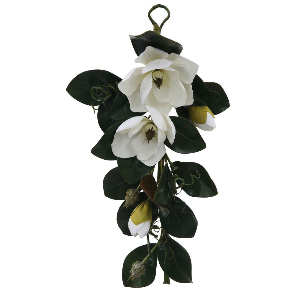 28" White Magnolia Flower and Leaves Artificial Silk Floral Teardrop Swag - Unlit