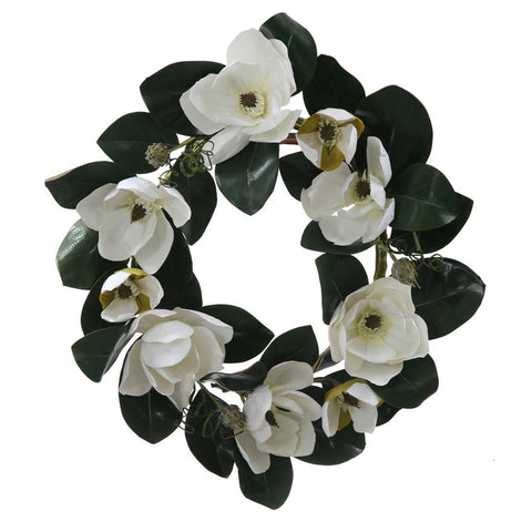 26" White Magnolia Flower and Leaves Artificial Silk Floral Wreath - Unlit