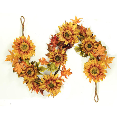 5' Autumn Fall Harvest Sunflower and Leaves Artificial Silk Floral Garland - Unlit