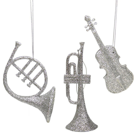 Set of 3 Silver Splendor Glittered Musical Instruments Christmas Ornaments 5"