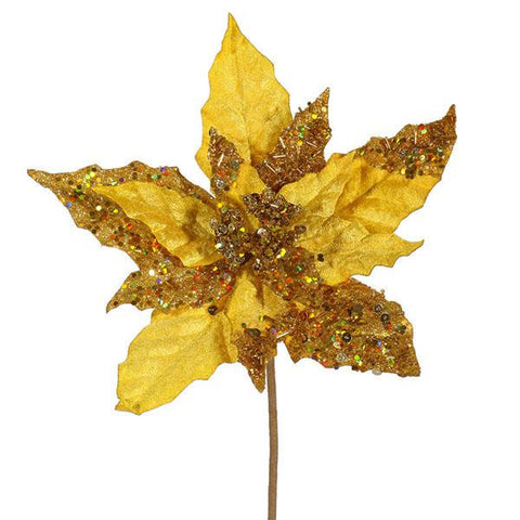 11" Elegant Gold Velveteen Artificial Christmas Poinsettia Flower Pick