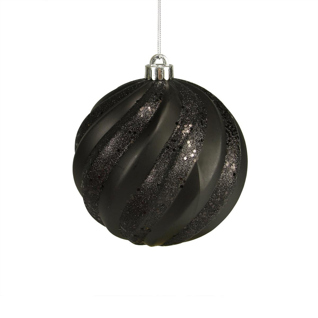 Jet Black Glitter Swirl Shatterproof Christmas Ball Ornament 6" (150mm)