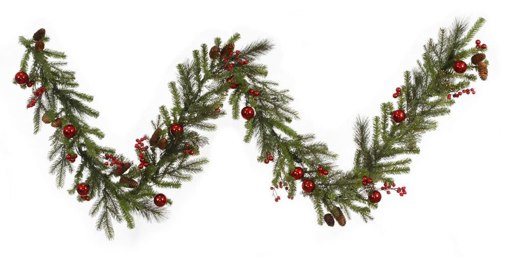 9' x 12" Red Berry and Ball Ornament Mixed Pine Artificial Christmas Garland - Unlit