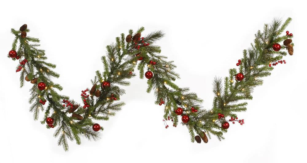 9' x 12" Pre-lit Red Berry and Ball Ornament Mixed Pine Artificial Christmas Garland - Clear Lights