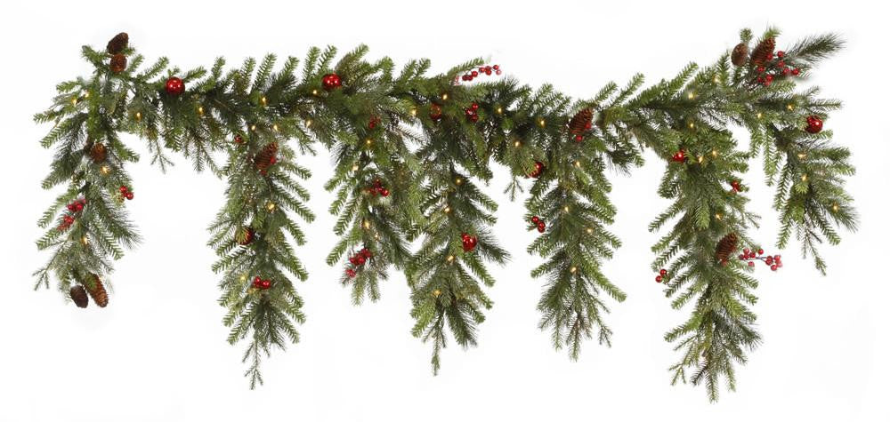 6.5' x 35" Pre-lit Red Berry & Ball Ornament Mixed Pine Artificial Christmas Garland - Clear Lights