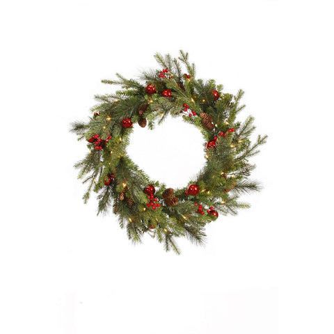 24" Pre-lit Red Berry and Ball Ornament Mixed Pine Artificial Christmas Wreath - Clear Lights