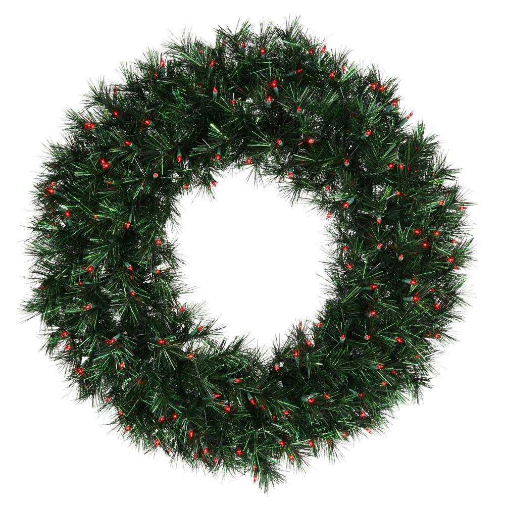 30" Pre-lit Midnight Green Pine Christmas Tinsel Wreath - Red Dura Lights