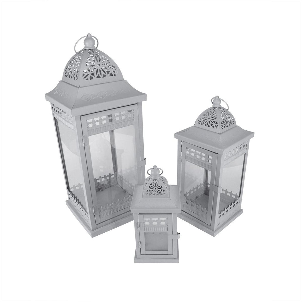 Set of 3 Grey Garden Getaway Ornate Pillar Candle Holder Lanterns 20.5"