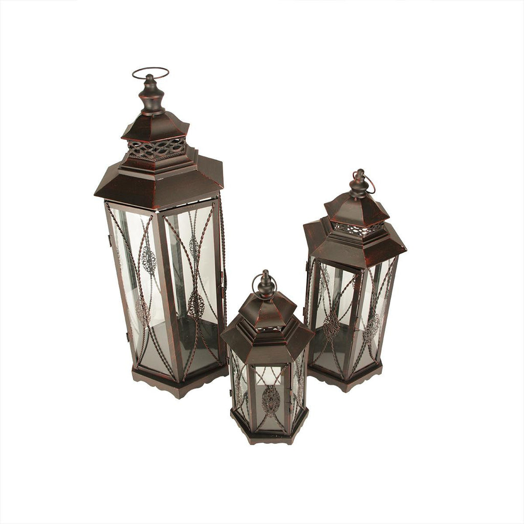 Set of 3 Brown Brush Victorian Inspired Ornate Pillar Candle Holder Lanterns 25.5"