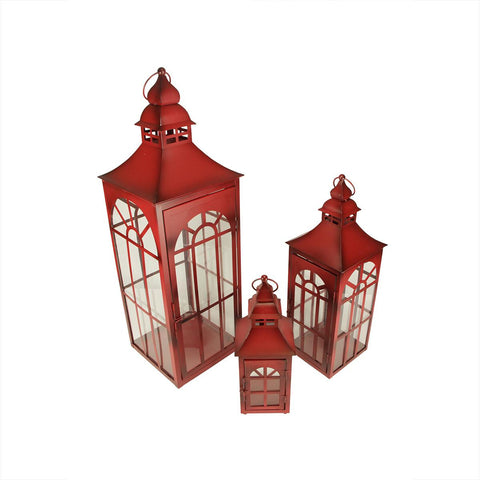 Set of 3 Old Red Asian Inspired Pillar Candle Holder Lanterns 26"