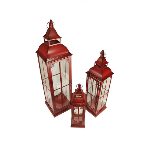 Set of 3 Old Red Antique Vintage Style Pillar Candle Holder Lanterns 37"