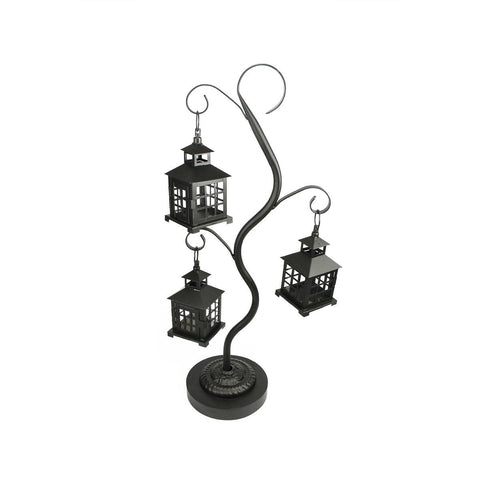 27.25" Black Mission Style Tea Light Candle Holder Tree with 3 Lanterns